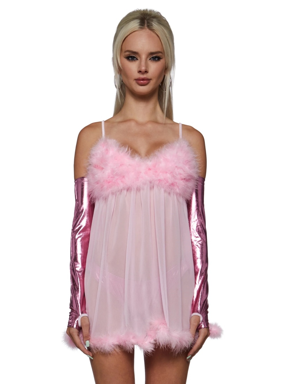 Dolls Kill Baby Pink Feather-Trim Sheer Chemise